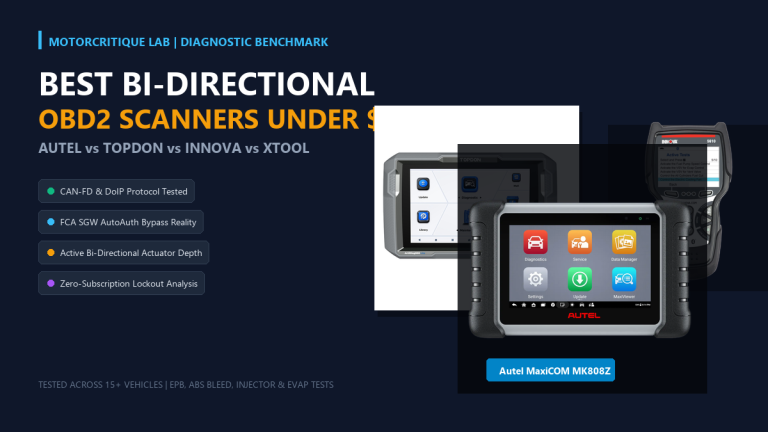 Top 5 Bi-Directional OBD2 Scanners Under $300 comparison showing Autel MaxiCOM MK808Z, TOPDON ArtiDiag900 Lite, and Innova 5610
