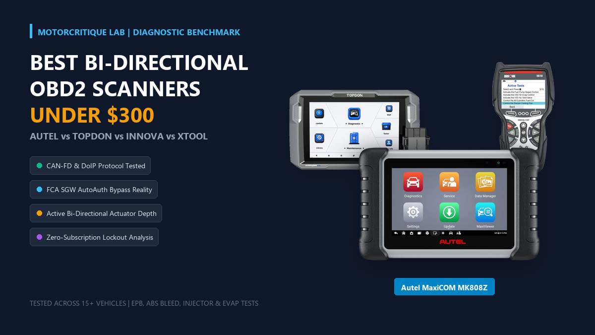 Top 5 Bi-Directional OBD2 Scanners Under $300 benchmark comparison featuring Autel MaxiCOM MK808Z, TOPDON ArtiDiag900 Lite, and Innova 5610