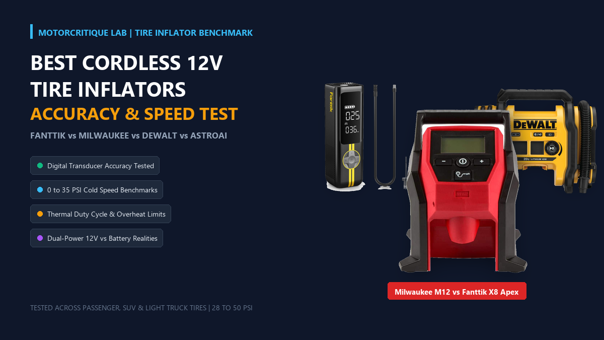 Top 5 Cordless 12V Tire Inflators compared showing Milwaukee M12, Fanttik X8 Apex, and DeWalt 20V inflators